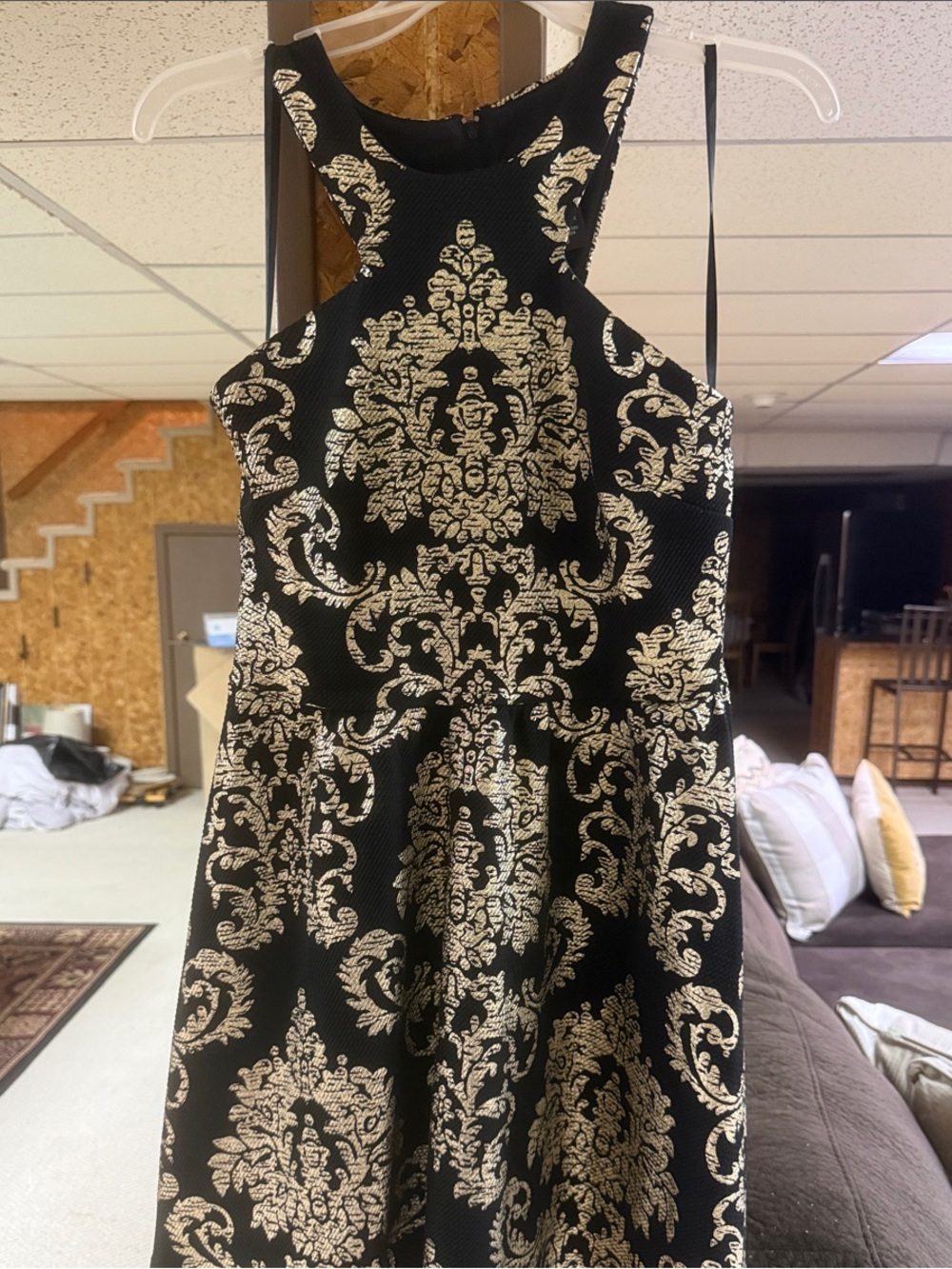 B Darlin Black and Gold Damask Fit & Flare Mini Dress